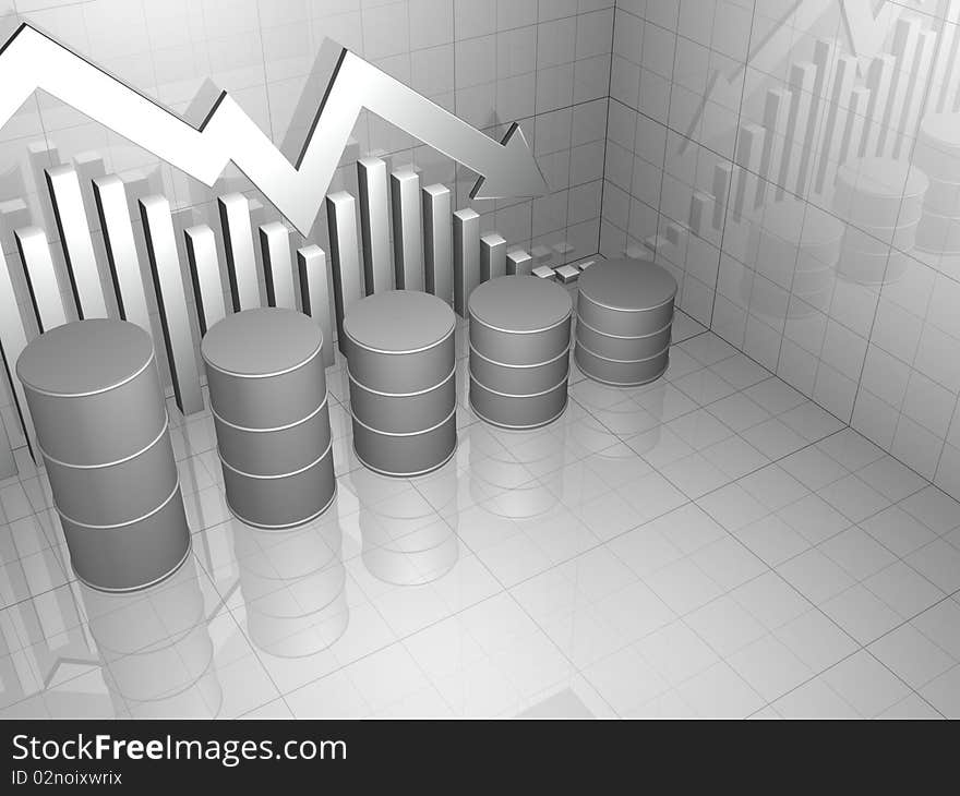 3D image of stock market chart with downward pointing arrow and five oil drums. 3D image of stock market chart with downward pointing arrow and five oil drums