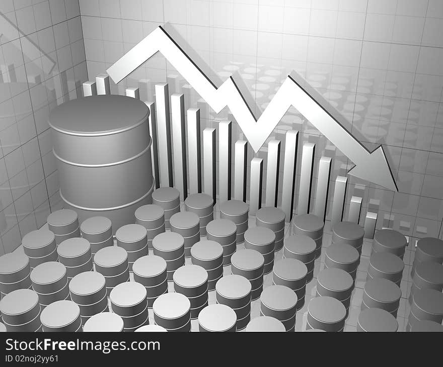 Rows of oil drums, one big oil drum and a stock market chart in neutral color. Rows of oil drums, one big oil drum and a stock market chart in neutral color