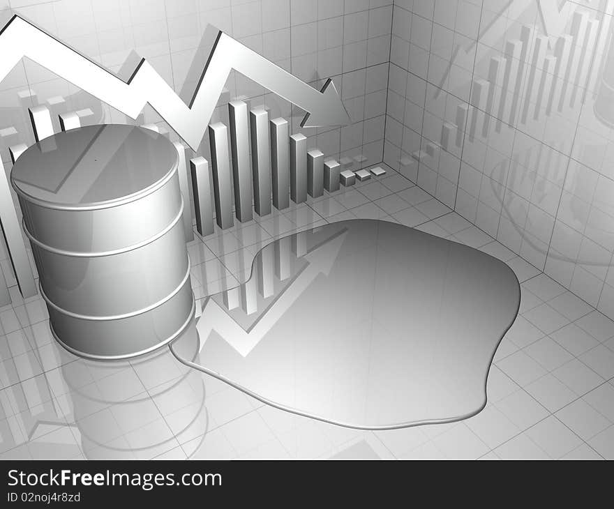 Big oil drum with oil spill and stock market graph