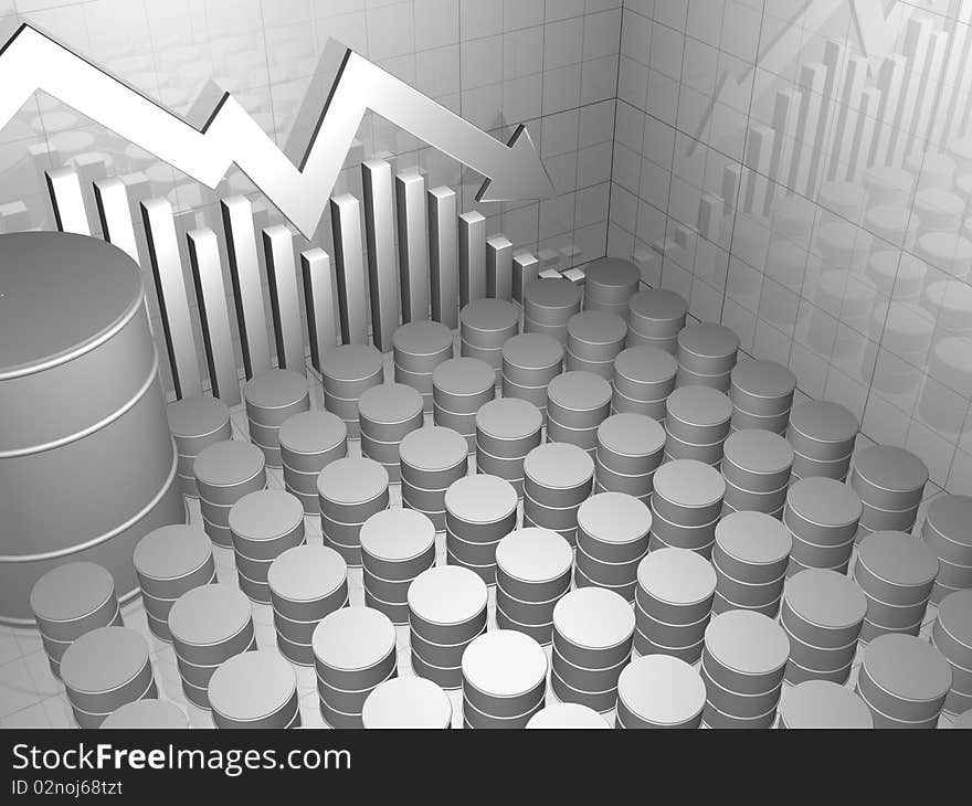 Oil drum with little oil drum and downward pointing stock market chart and arrow in neutral color. Oil drum with little oil drum and downward pointing stock market chart and arrow in neutral color