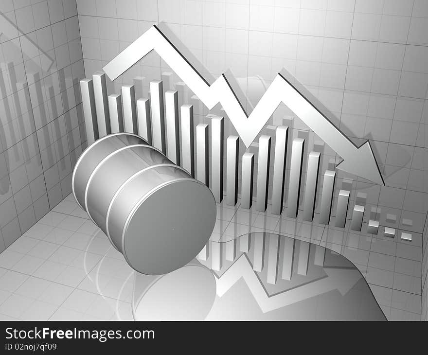Oil drum with oil spill and downward pointing stock market chart and arrow in neutral color. Oil drum with oil spill and downward pointing stock market chart and arrow in neutral color