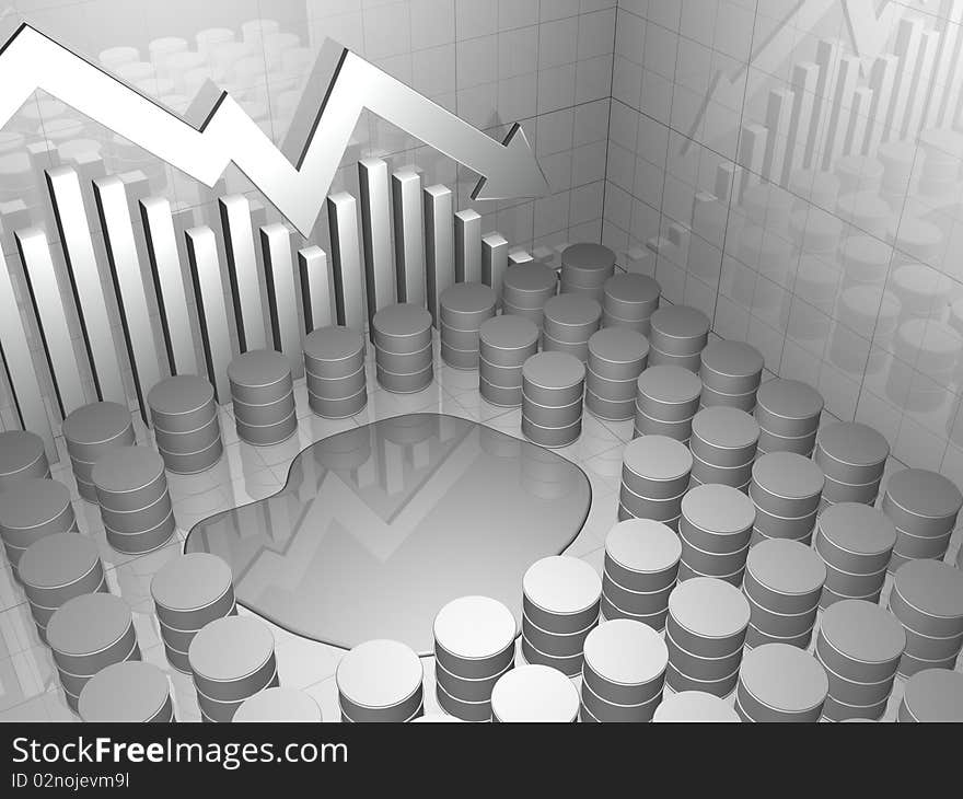 Oil spill surrounded by barrels of oil with downward pointing stock chart on a neutral background. Oil spill surrounded by barrels of oil with downward pointing stock chart on a neutral background.