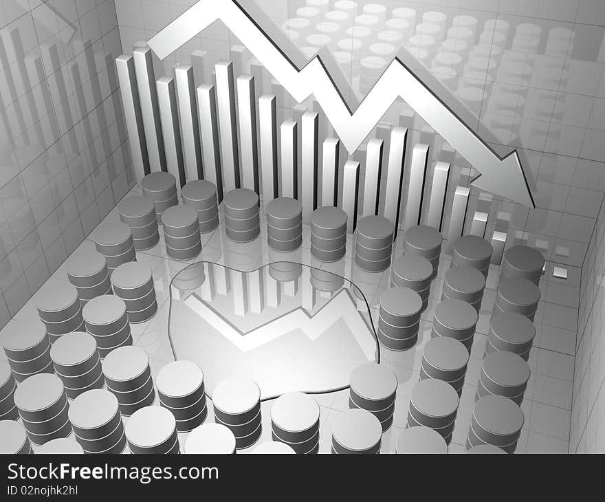 Oil spill surrounded by barrels of oil with downward pointing stock chart on a neutral background. Oil spill surrounded by barrels of oil with downward pointing stock chart on a neutral background.