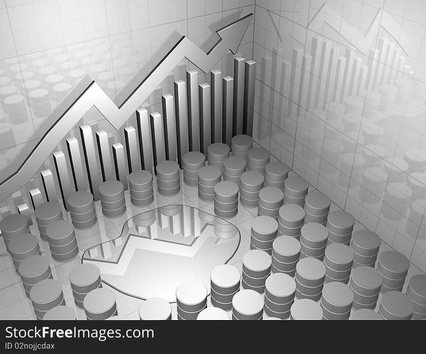 Oil spill surrounded by barrels of oil with upward pointing stock chart on a neutral background. Oil spill surrounded by barrels of oil with upward pointing stock chart on a neutral background.