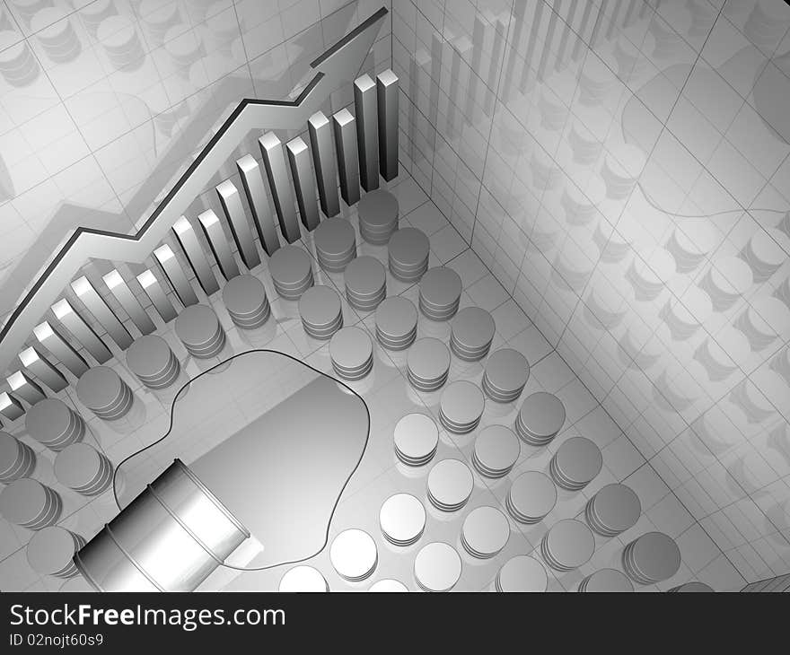 3D image of an oil spill with many oil drums and upward pointing arrow. 3D image of an oil spill with many oil drums and upward pointing arrow