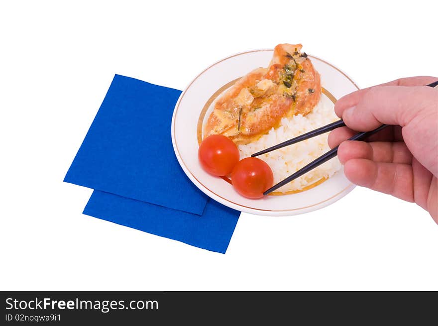 Hen with rice from the Japanese on a plate