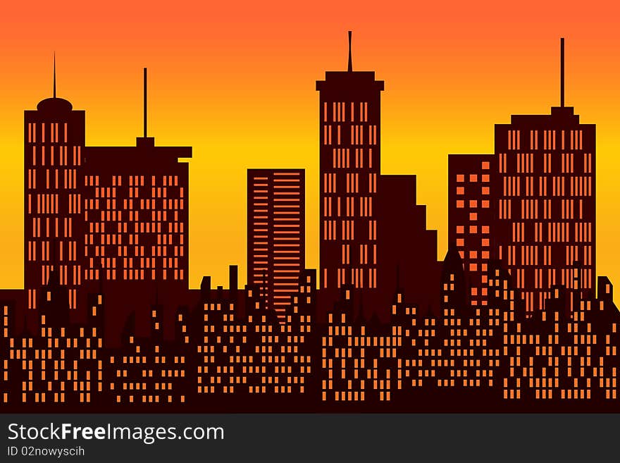 Big city skyline during sunrise or sunset. Big city skyline during sunrise or sunset