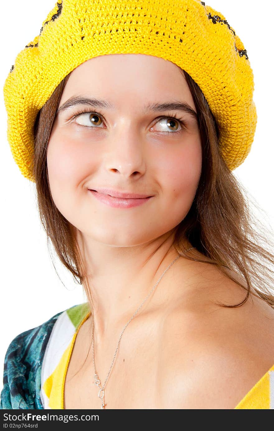 Portrait Of A Girl Wearing Yellow Beret.