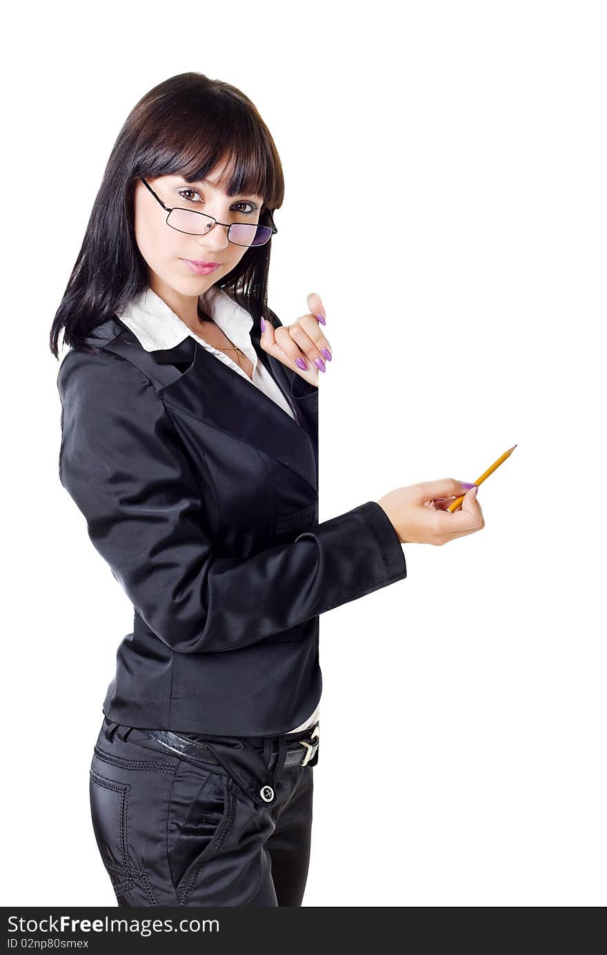 Young Businesswoman holding blank sign isolated on white background