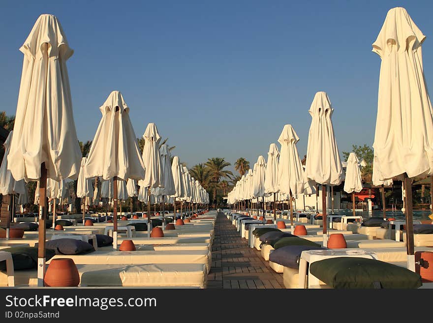 Empty Sun Mattresses On The Pool