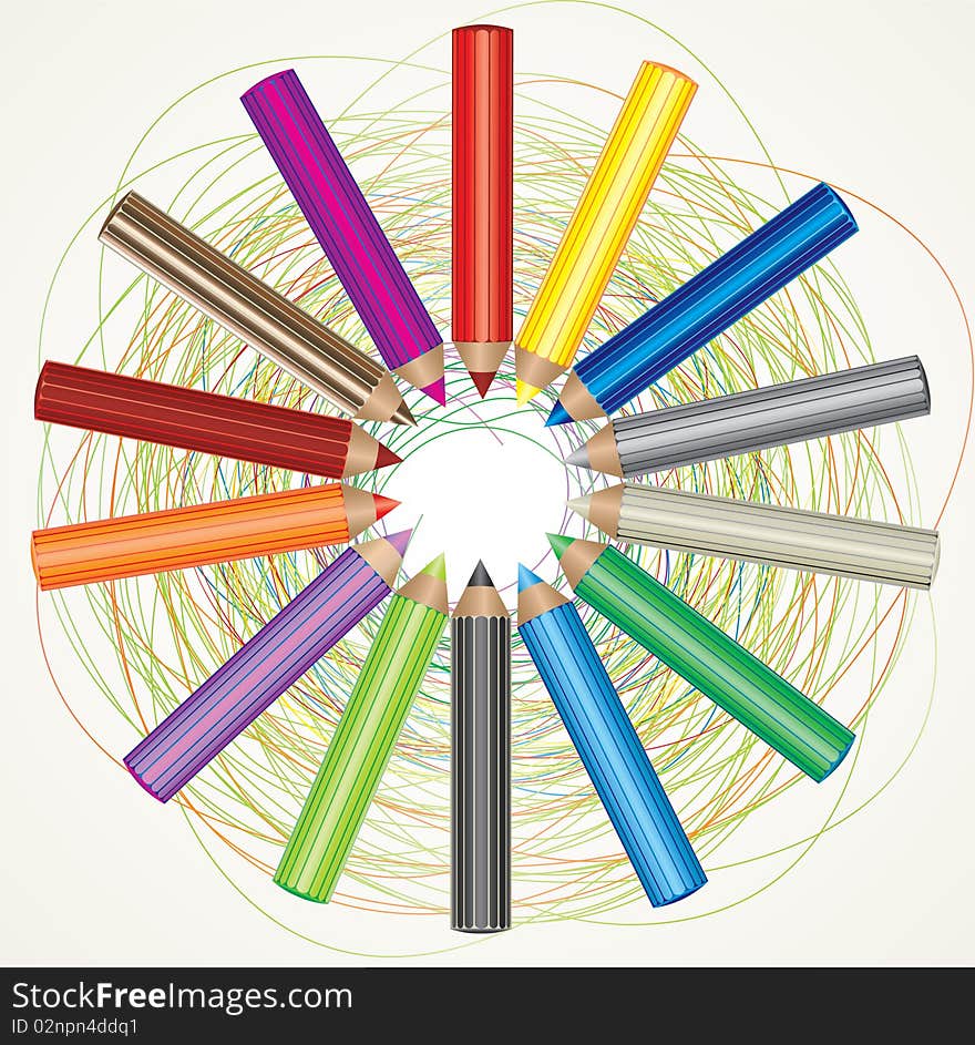 Vector colorful background with drawing and color pencils