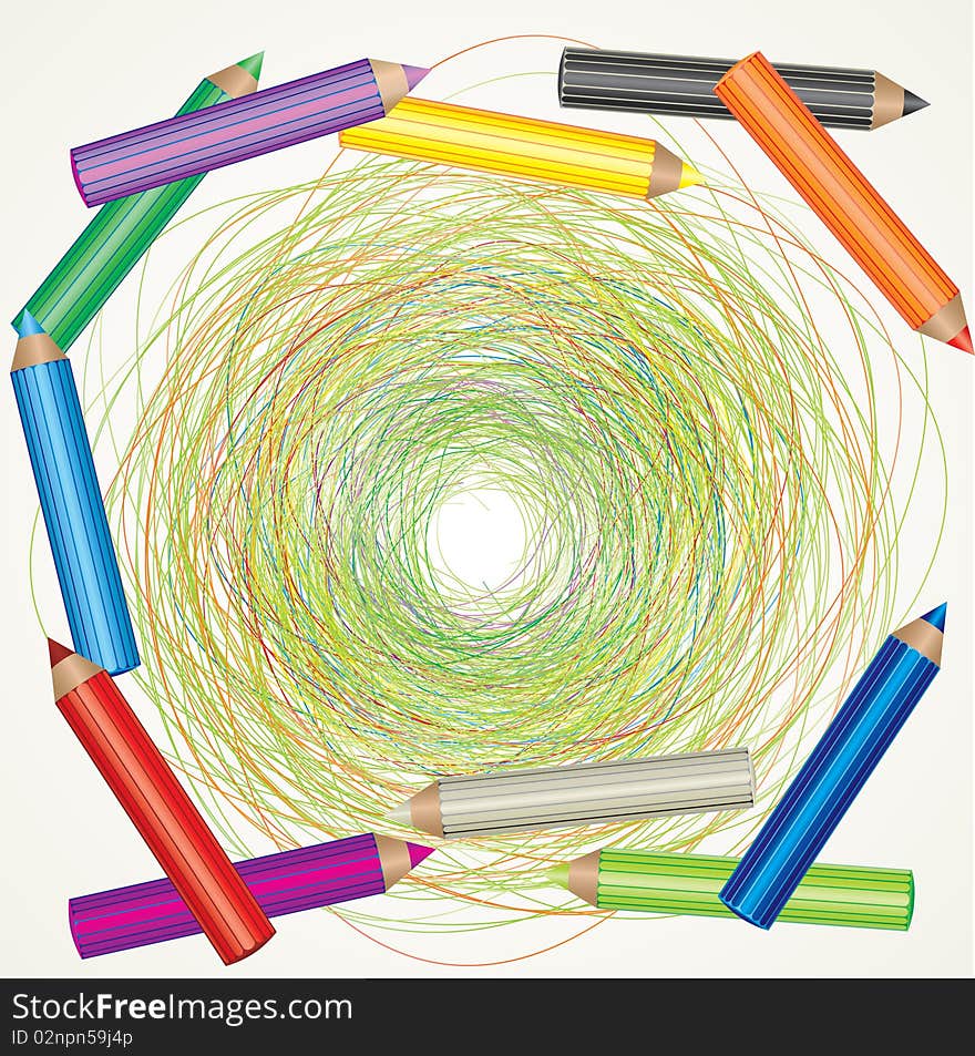 Vector colorful background with drawing and color pencils