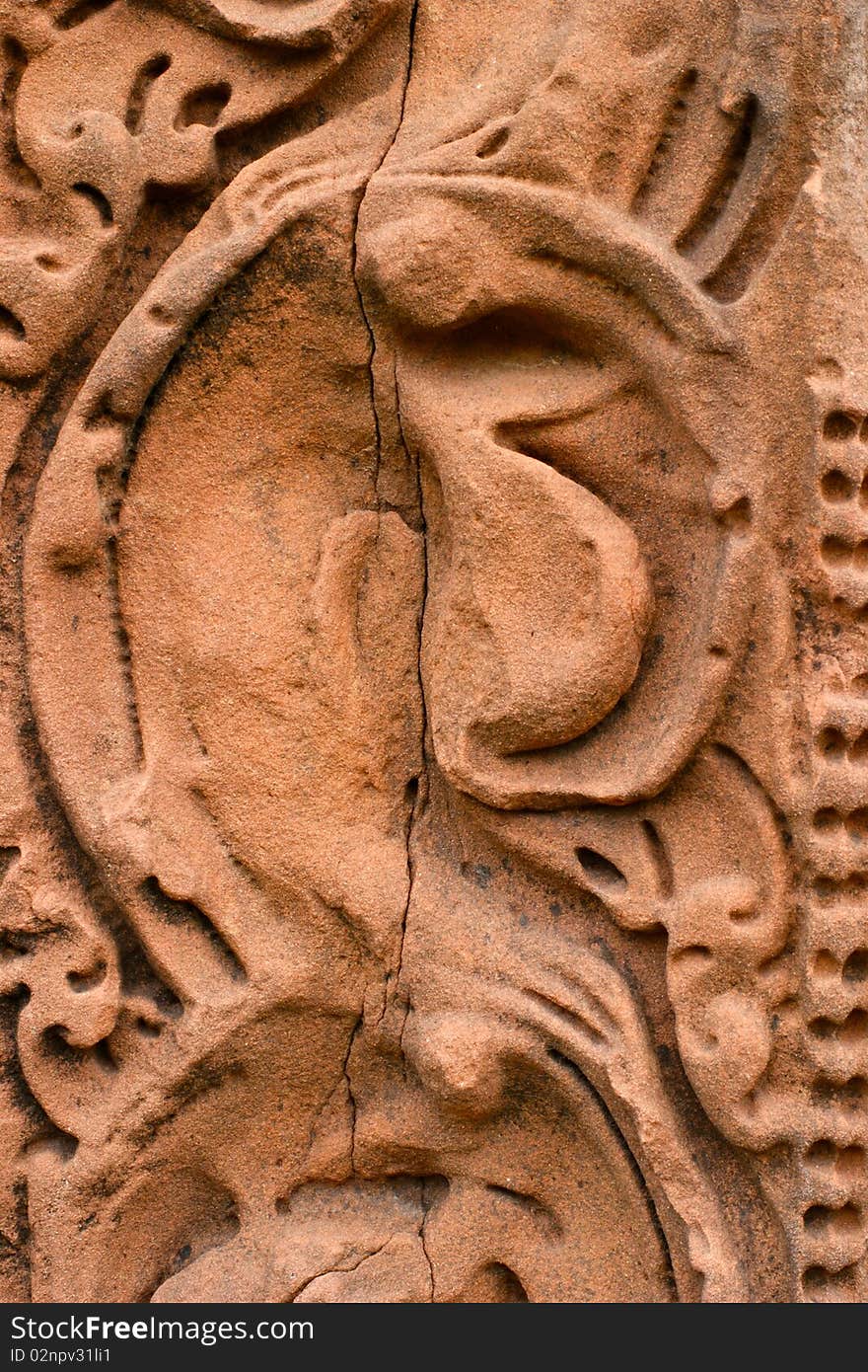 Antique Carving on Orange Sandstone at Kmaer's Castle