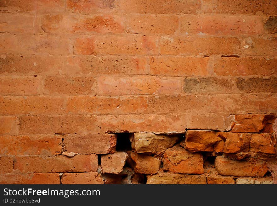 Antique Baked Clay Brick at the old break Castle Wall. Antique Baked Clay Brick at the old break Castle Wall