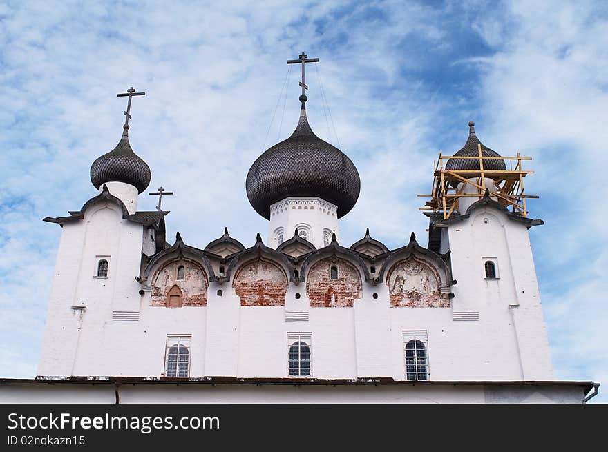 Main cathedral spires of the historic Russian Solovetsky Monastery.  Building has served many different uses.