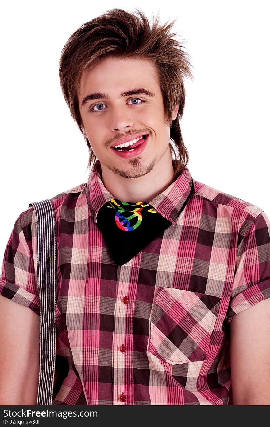 Portrait of happy young boy smiling over white background