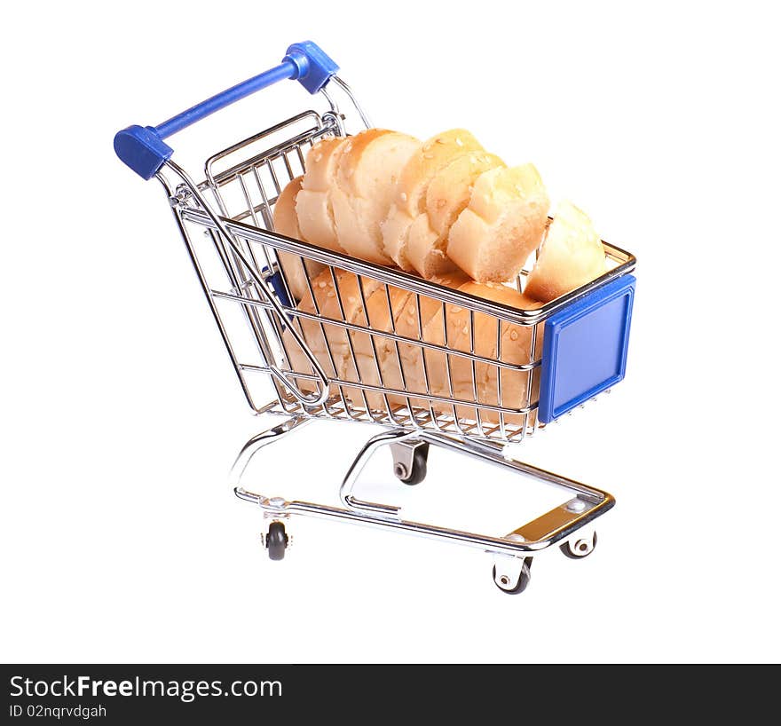 Metal shopping trolley filled with bread