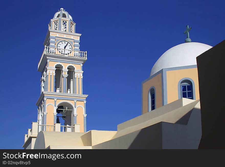 Greece santorini island lagoon tower with bells. Greece santorini island lagoon tower with bells