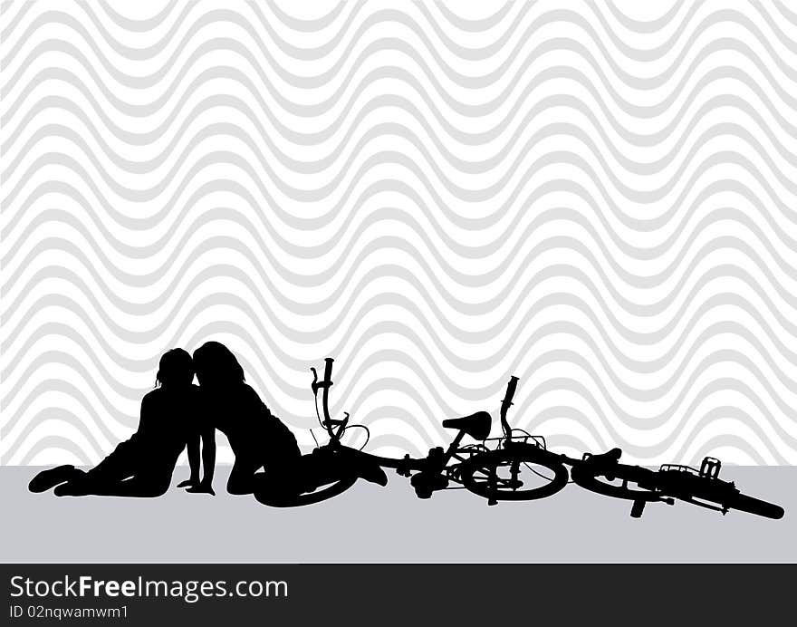 Drawing silhouette of a cyclist boy and girl. Silhouette of people. Drawing silhouette of a cyclist boy and girl. Silhouette of people