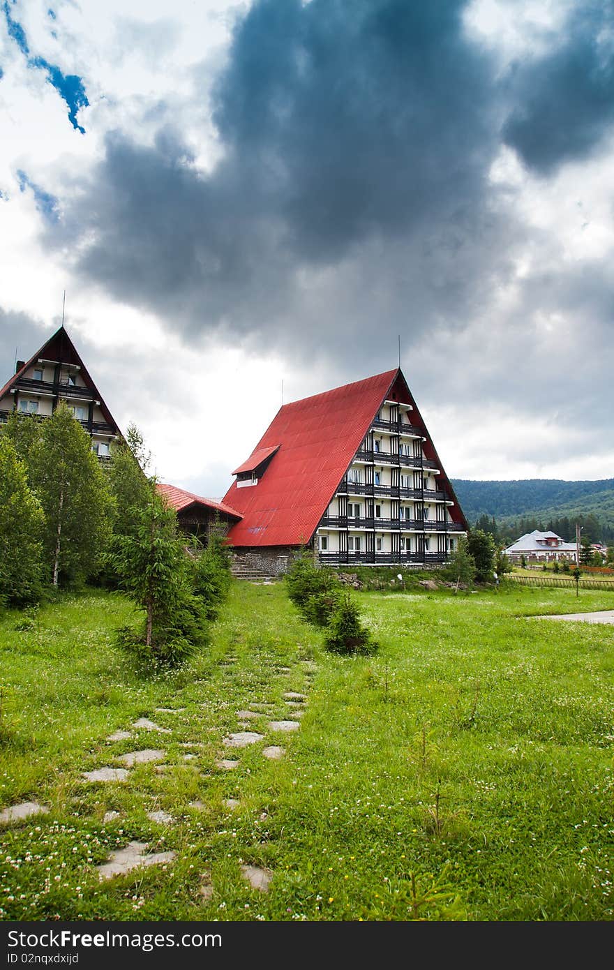 Mountain hut before storm