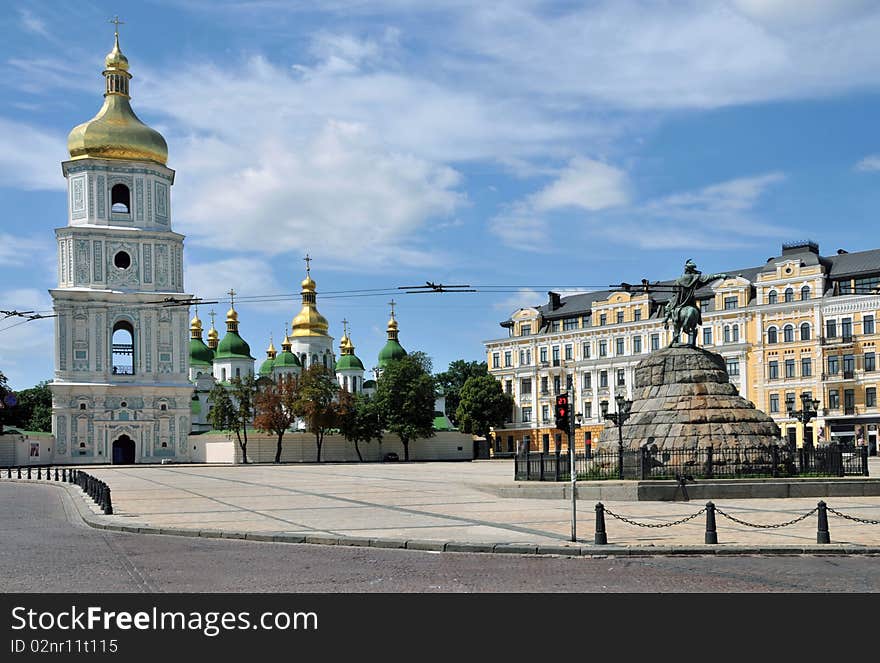 Monumental statue art ukraine Soviet horseman memorial historical square tower. Monumental statue art ukraine Soviet horseman memorial historical square tower