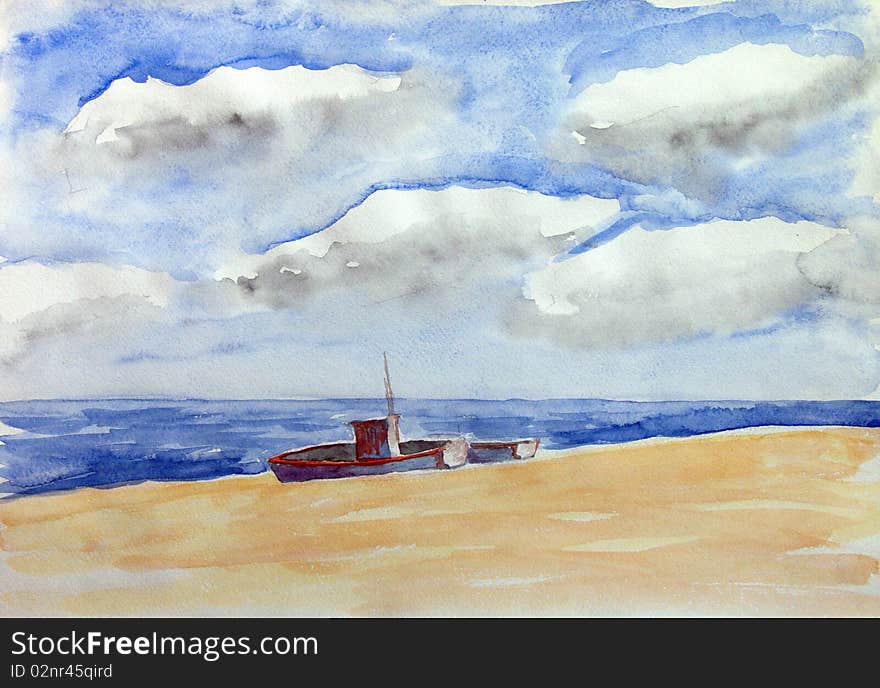 Two boats on the sunny beach under the cloudy sky. Two boats on the sunny beach under the cloudy sky