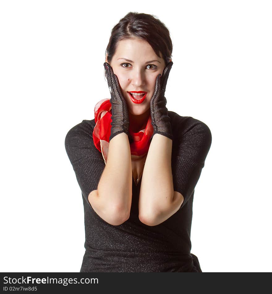 Surprised young woman in black gloves. Surprised young woman in black gloves