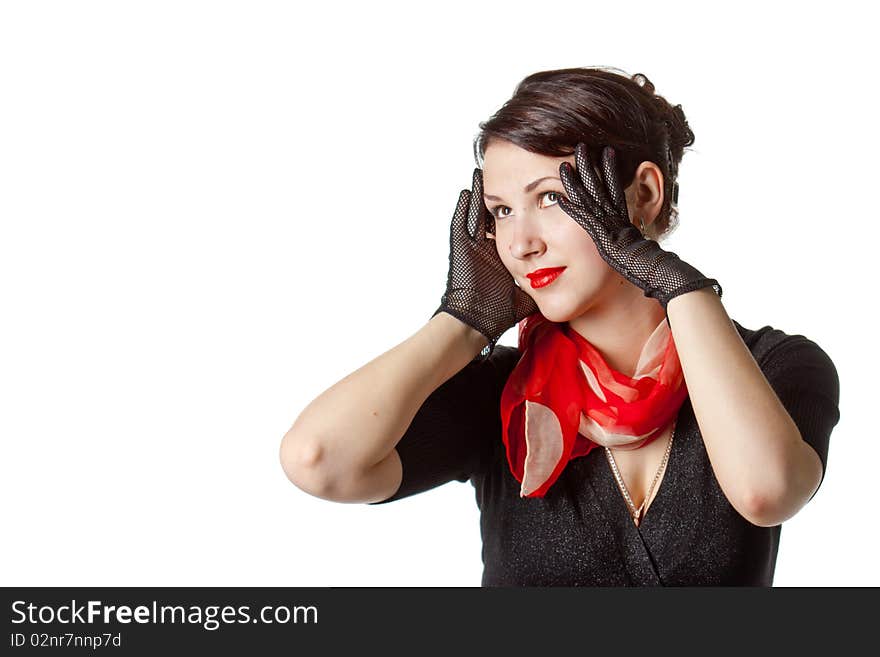 Young beautiful woman in black gloves. Young beautiful woman in black gloves