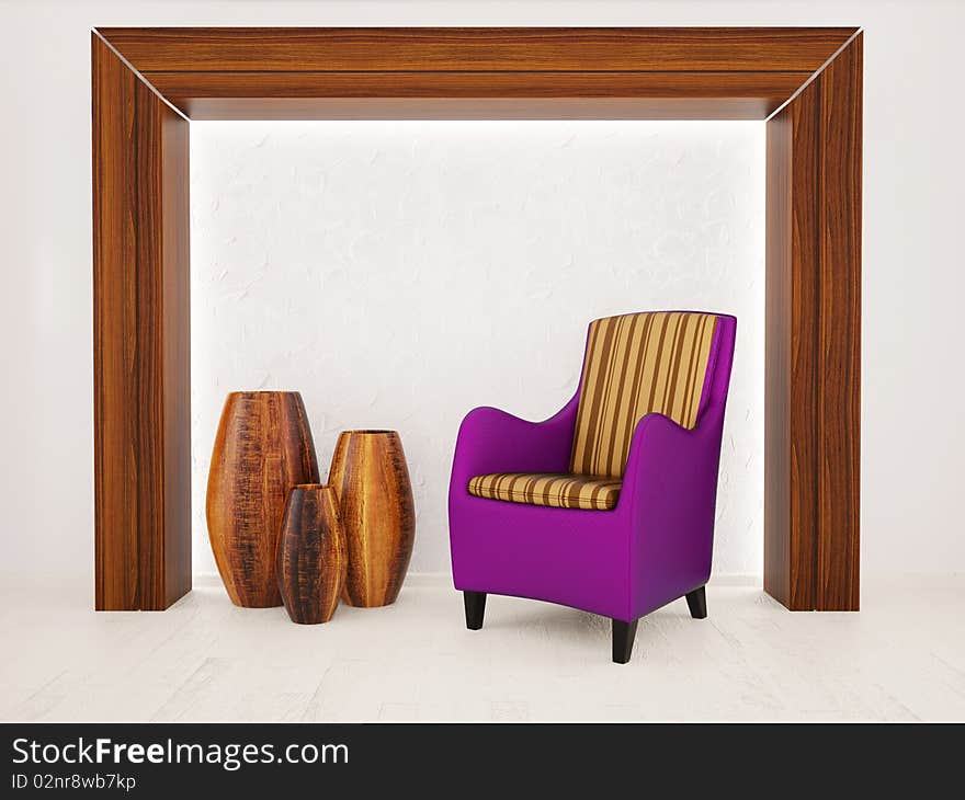 Green armchair in white with wooden vase