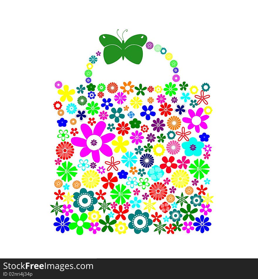 Illustration of bag pattern made up of flower shapes on the white background