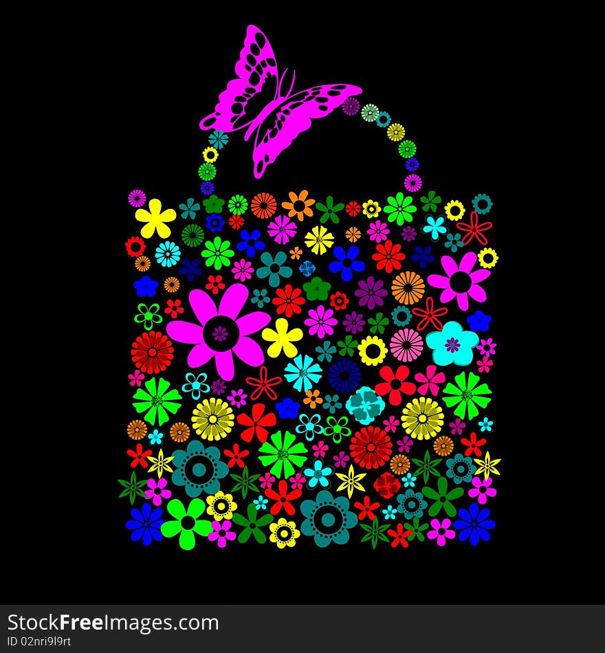 Illustration of bag pattern made up of flower shapes on the black background