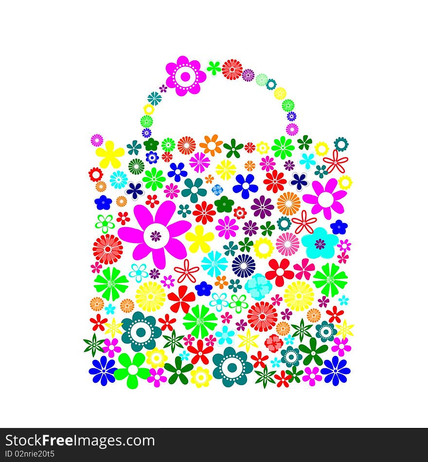 Illustration of bag pattern made up of flower shapes on the white background