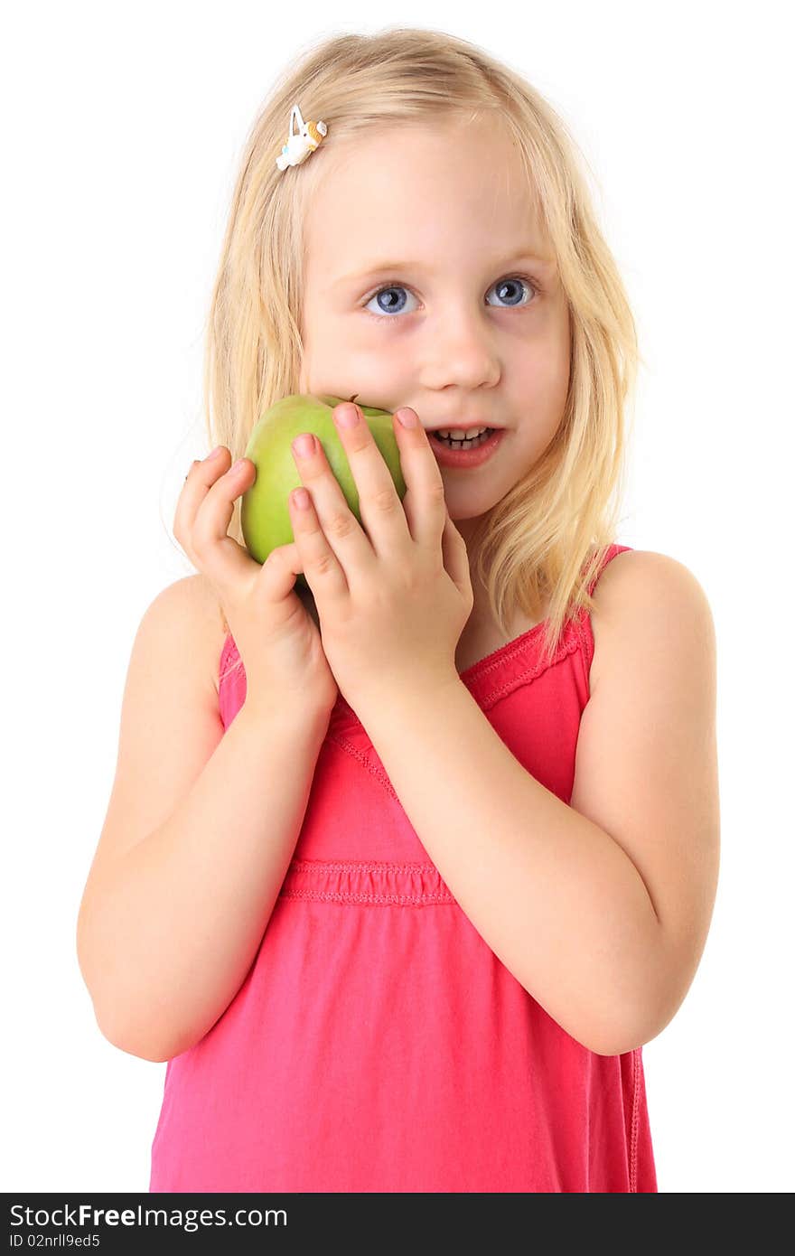 Small beautiful smiling child with a green apple. Isolated on white background