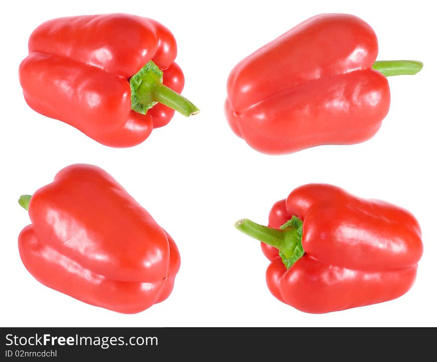 Four sweet red bulgarian peppers,  isolated, white background. Four sweet red bulgarian peppers,  isolated, white background