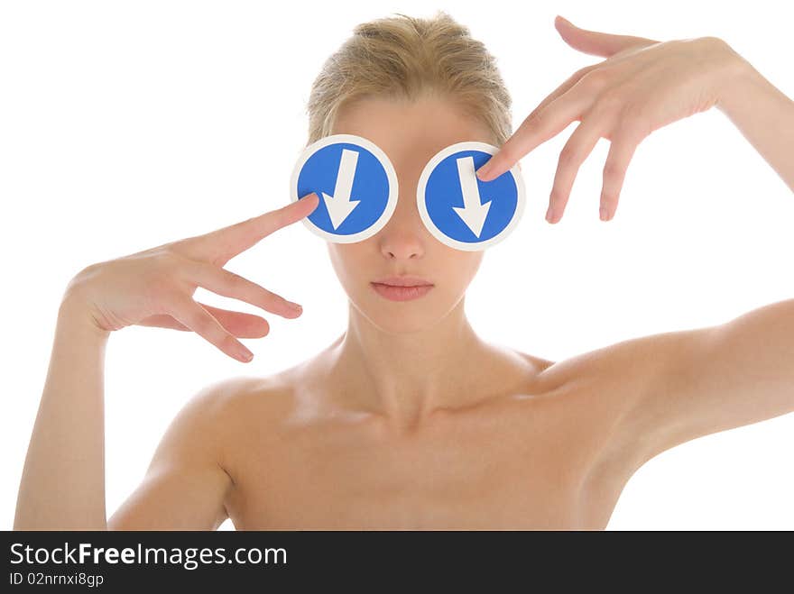 Woman holds before two arrow eyes isolated in white