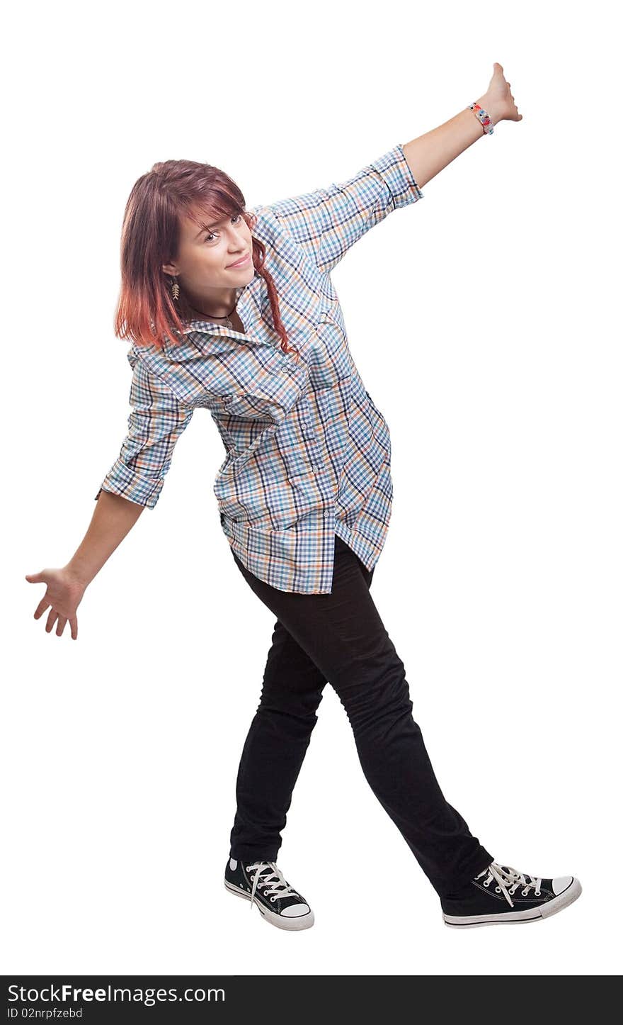 Joyful teen woman presenting something over white