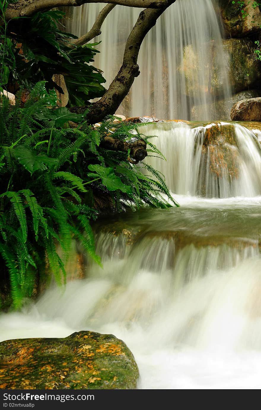 This image is a natural waterfall and surrounding foliage. This image is a natural waterfall and surrounding foliage.