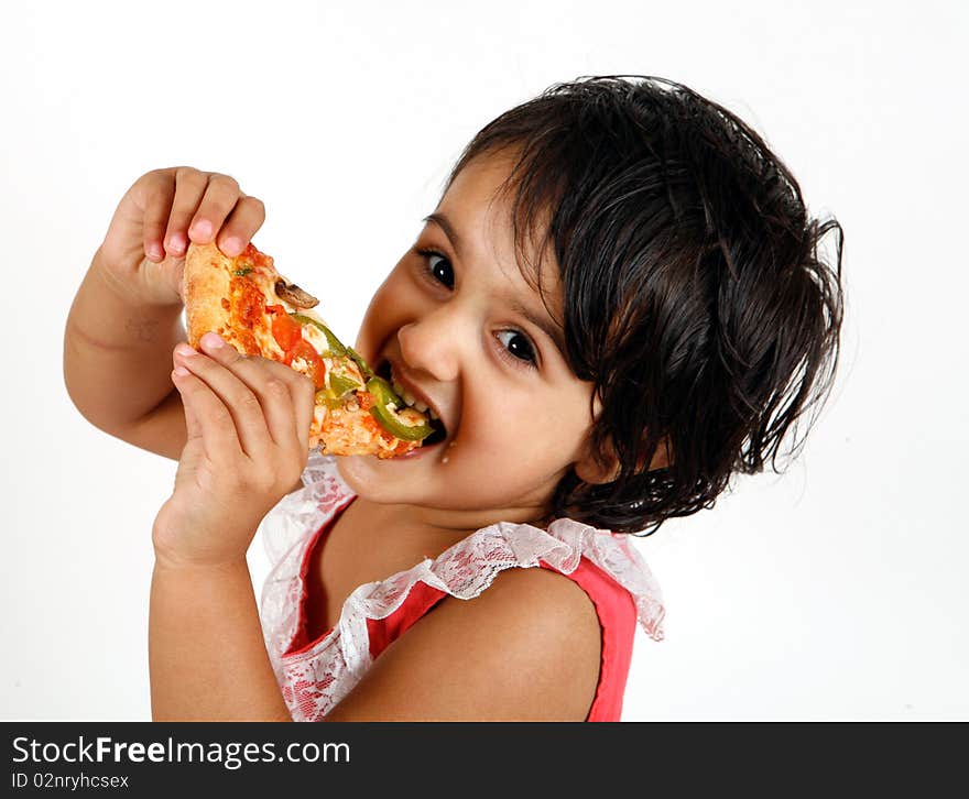 Cute And Pretty Toddler Eating Pizza Slice