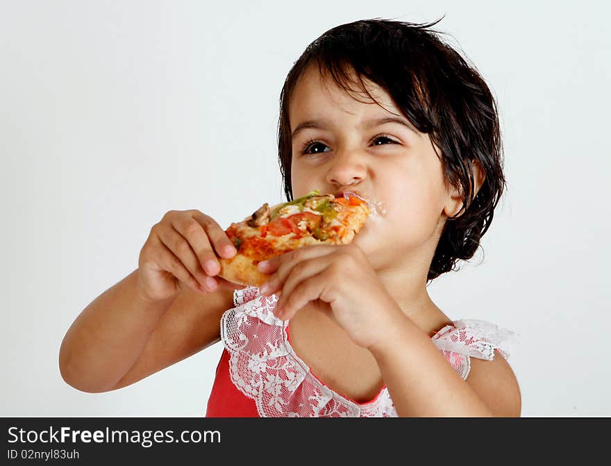 Cute And Pretty Toddler Eating Pizza Slice