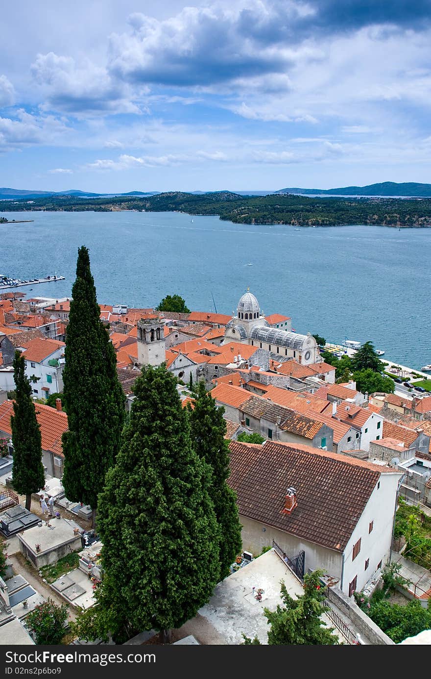 View at the Sibenik town in Croatia with sea and islands in the background. View at the Sibenik town in Croatia with sea and islands in the background