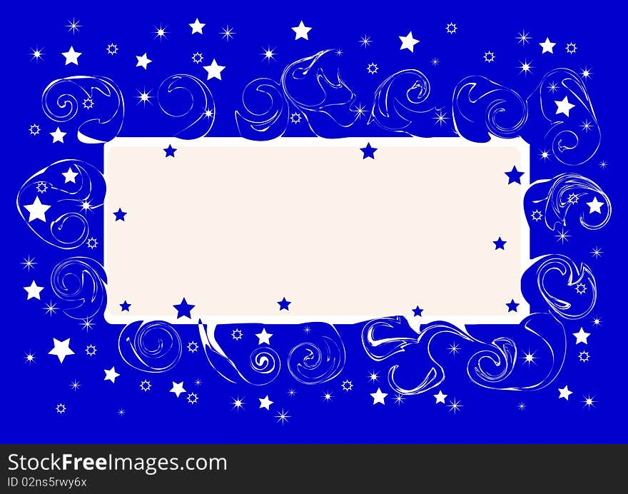 Card with stars and swirly border design on blue background. Vector illustration. Card with stars and swirly border design on blue background. Vector illustration.