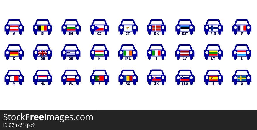 Icons of eu countries auto indicatives with cars and small flags. Icons of eu countries auto indicatives with cars and small flags
