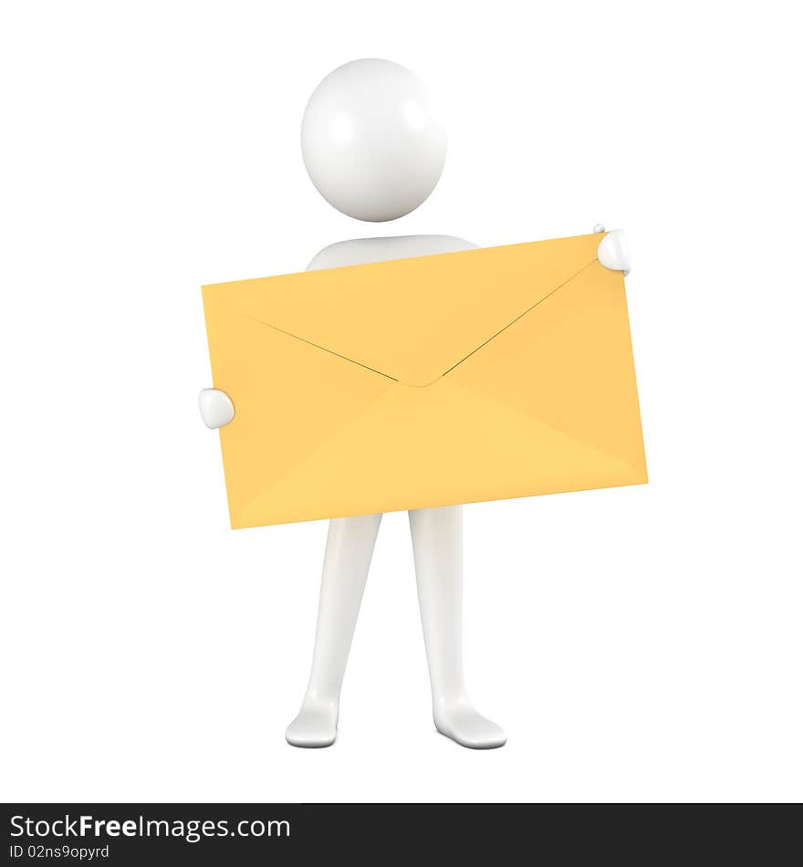 Person with yellow envelope. Three-dimensional, isolated on white