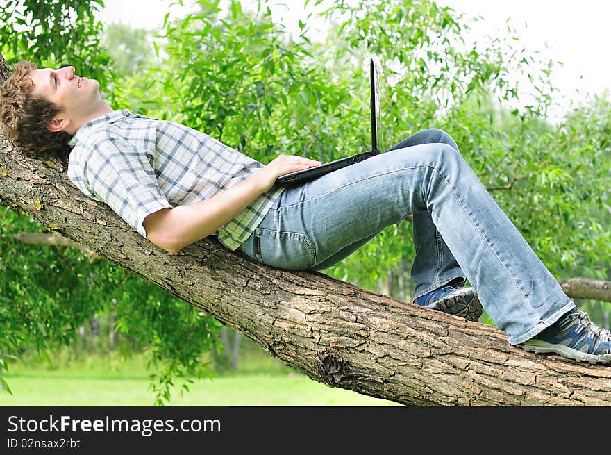 Guy with a laptop on the tree