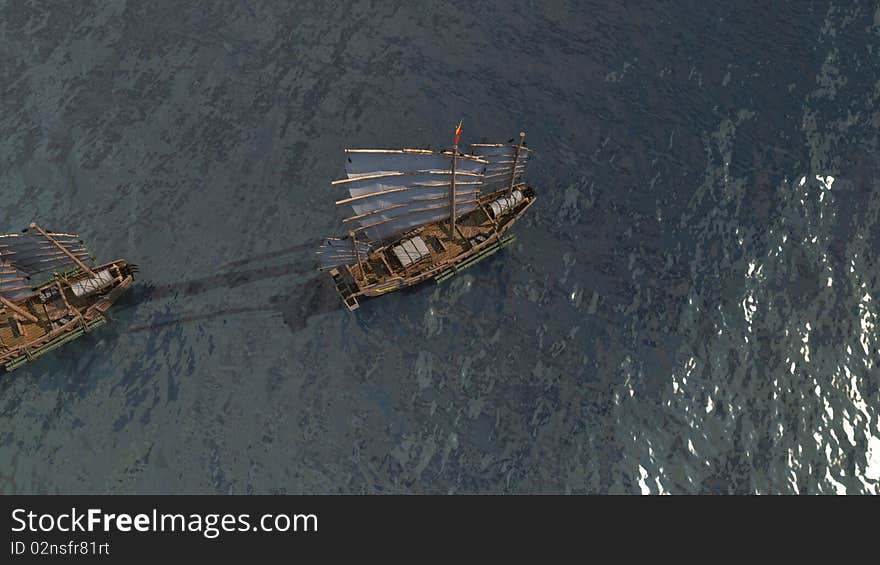 Ancient sailing ships in ocean at dusk. Ancient sailing ships in ocean at dusk