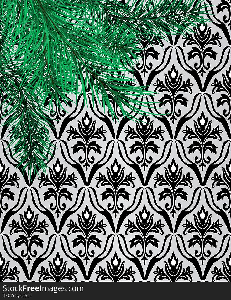 Branches of a pine against a wall with wallpaper. Vector