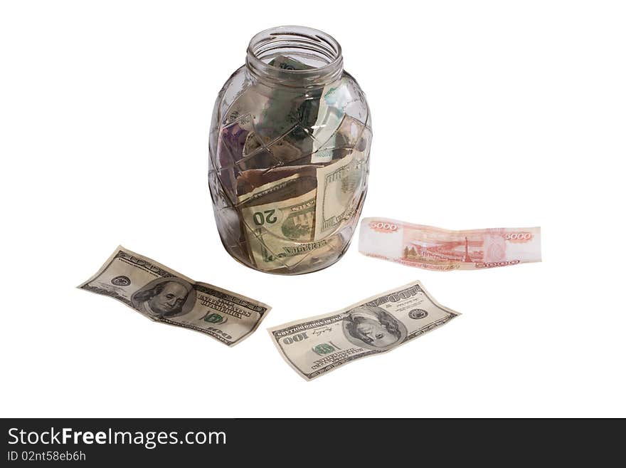 Bottle with various banknotes isolated on a white background. Bottle with various banknotes isolated on a white background