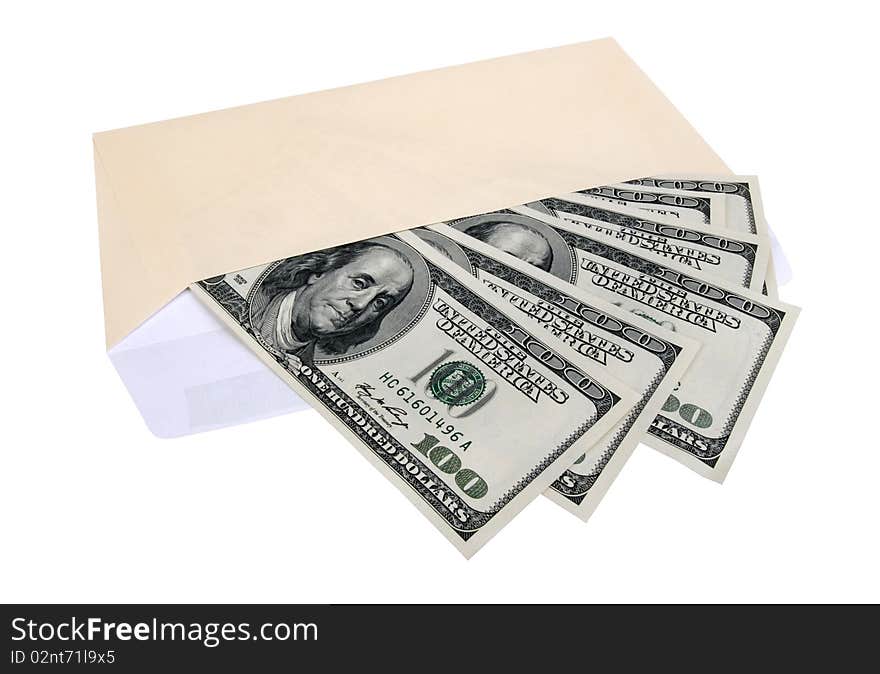 Hundred dollar bills in an envelope, isolated on white background