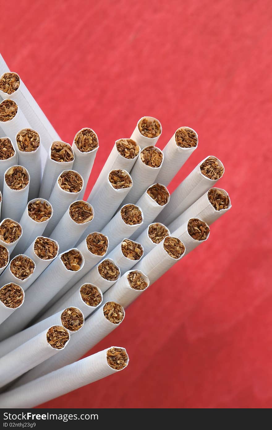 A lot of cigarettes on red background