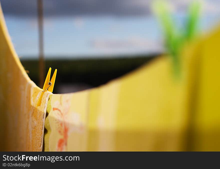 Drying of linen. Outdoors. Clothespins